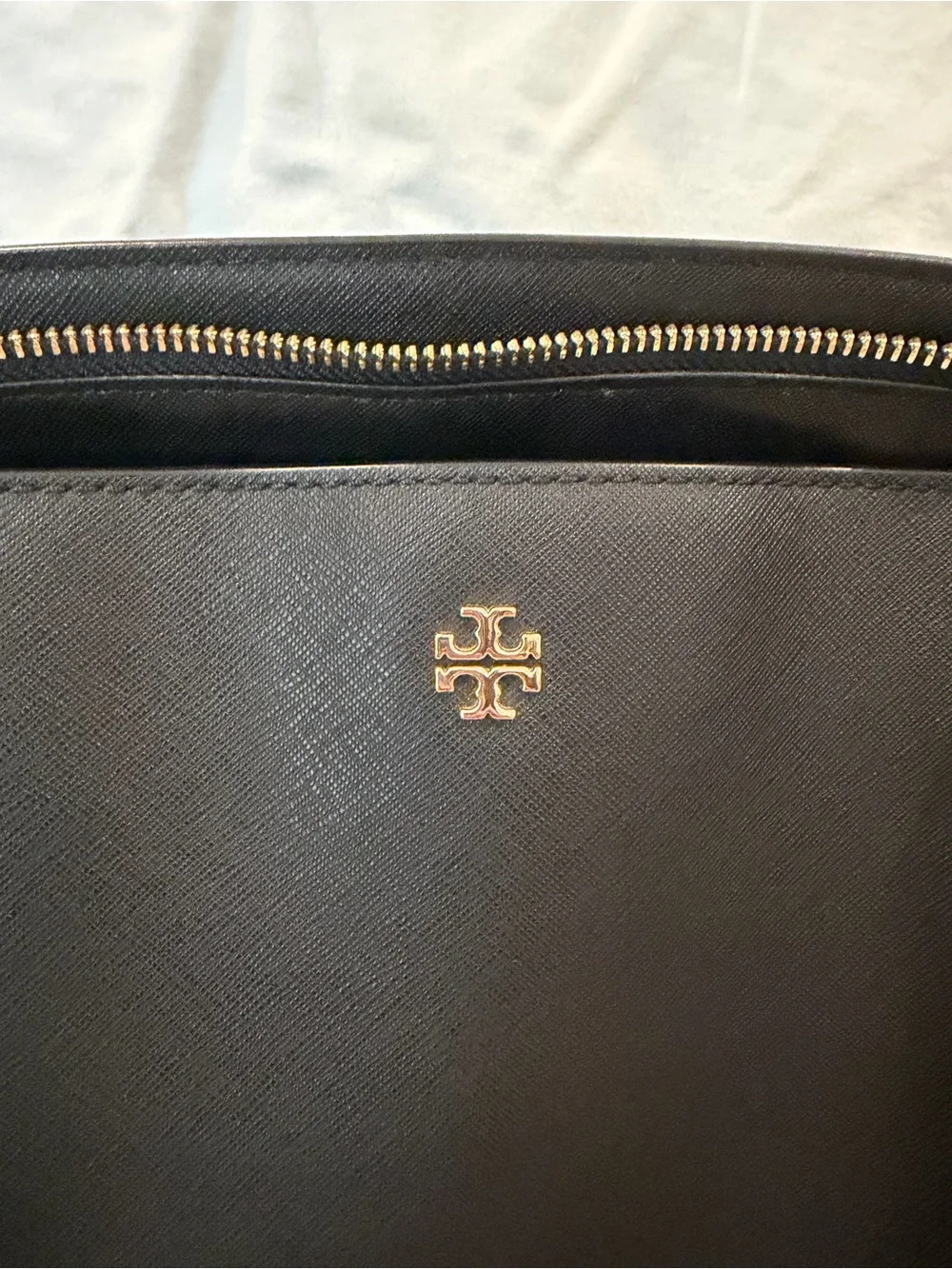 Tory Burch Black Leather Zip-Top Tote with Gold Hardware